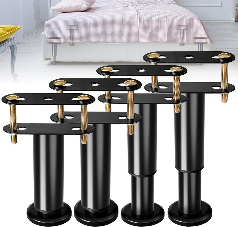 Dashu أرجل إطار السرير القابلة للتعديل بارتفاع أكبر، أرجل دعم مركزية تحت السرير بديلة للشرائح المعدنية/الخشبية، مجموعة تعزيز السرير الثقيلة، ارتفاع من 5" إلى 8.6"، سوداء - 4 قطع - Image 1